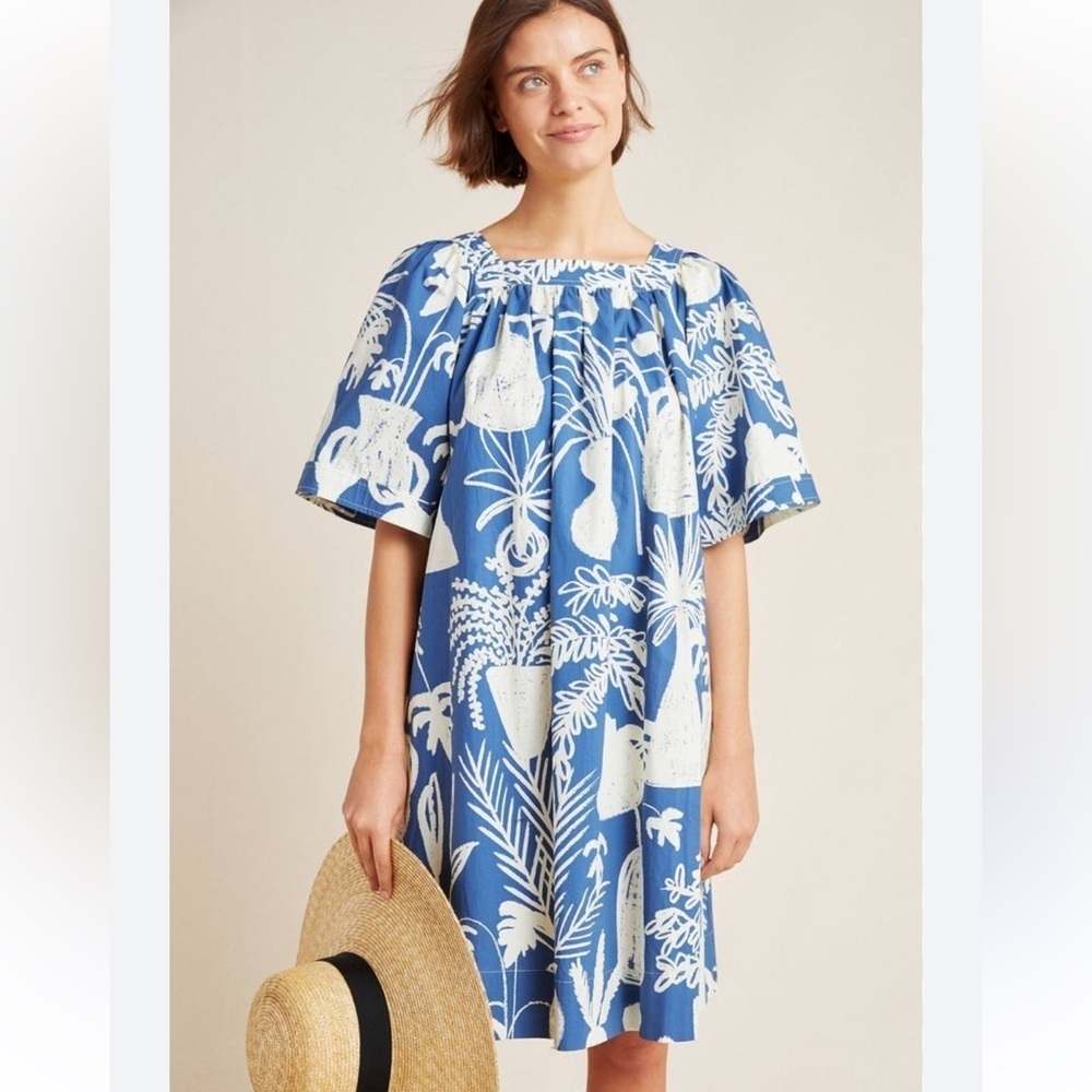 Whit Anthropologie Mira Blue White Short Sleeve Square Neck Dress Size Small